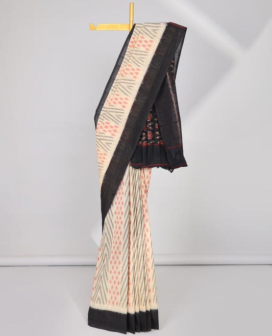 Cream geometric design Ikkat cotton saree with contrast plain border & intricate butta design pallu