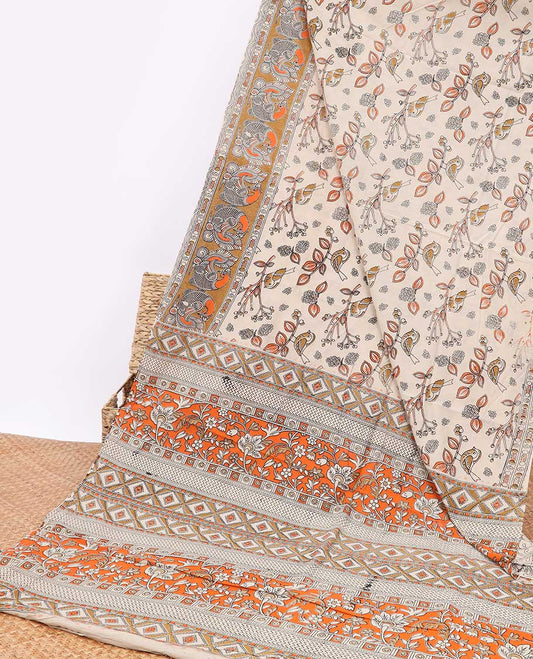 off white intricate design machine-printed kalamkari cotton saree with contrast peacocok border & intricate design pallu