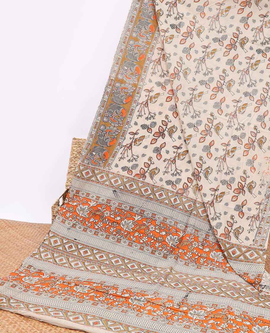 off white intricate design machine-printed kalamkari cotton saree with contrast peacocok border & intricate design pallu