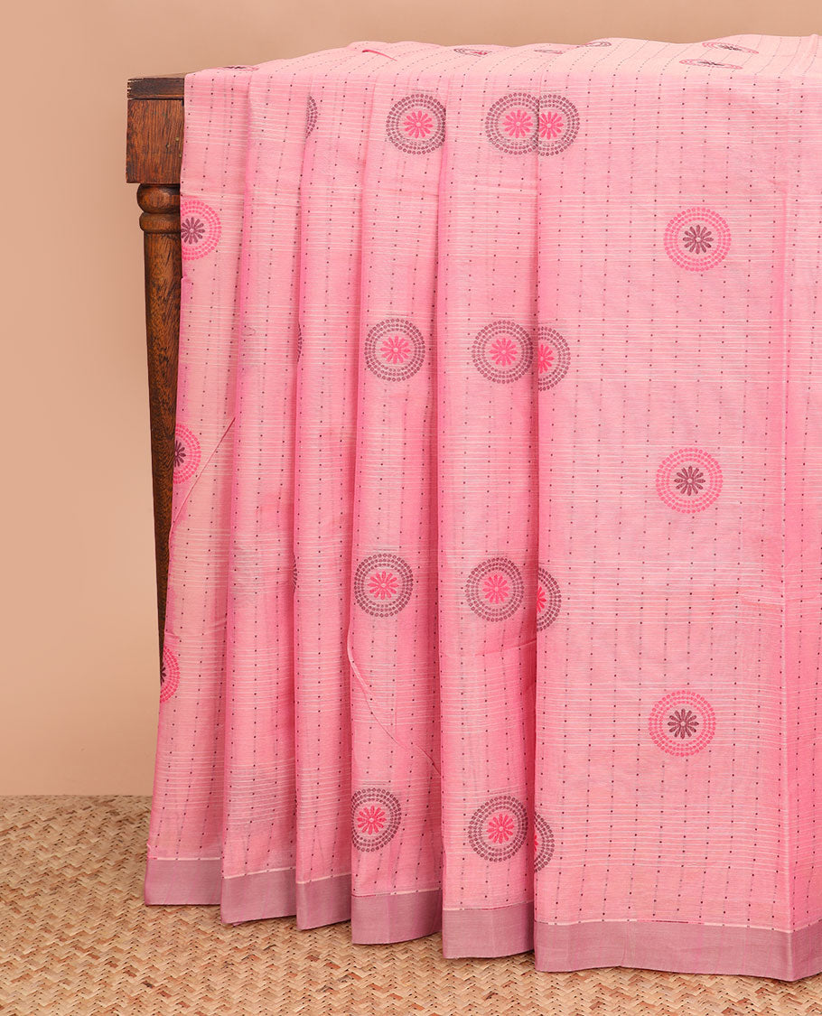 Pink striped and circle motifs coimbatore cotton saree, contrast plain border and pallu of floral designs