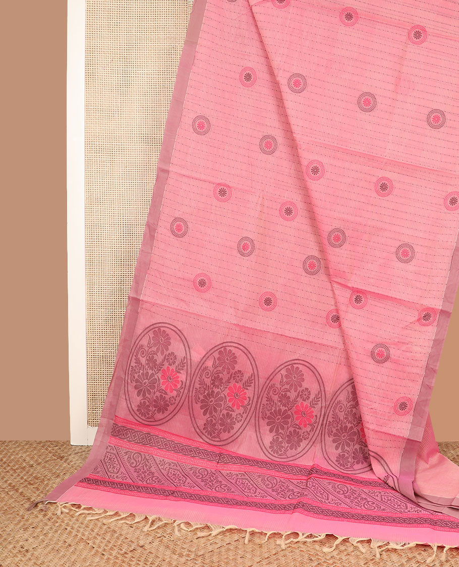 Pink striped and circle motifs coimbatore cotton saree, contrast plain border and pallu of floral designs