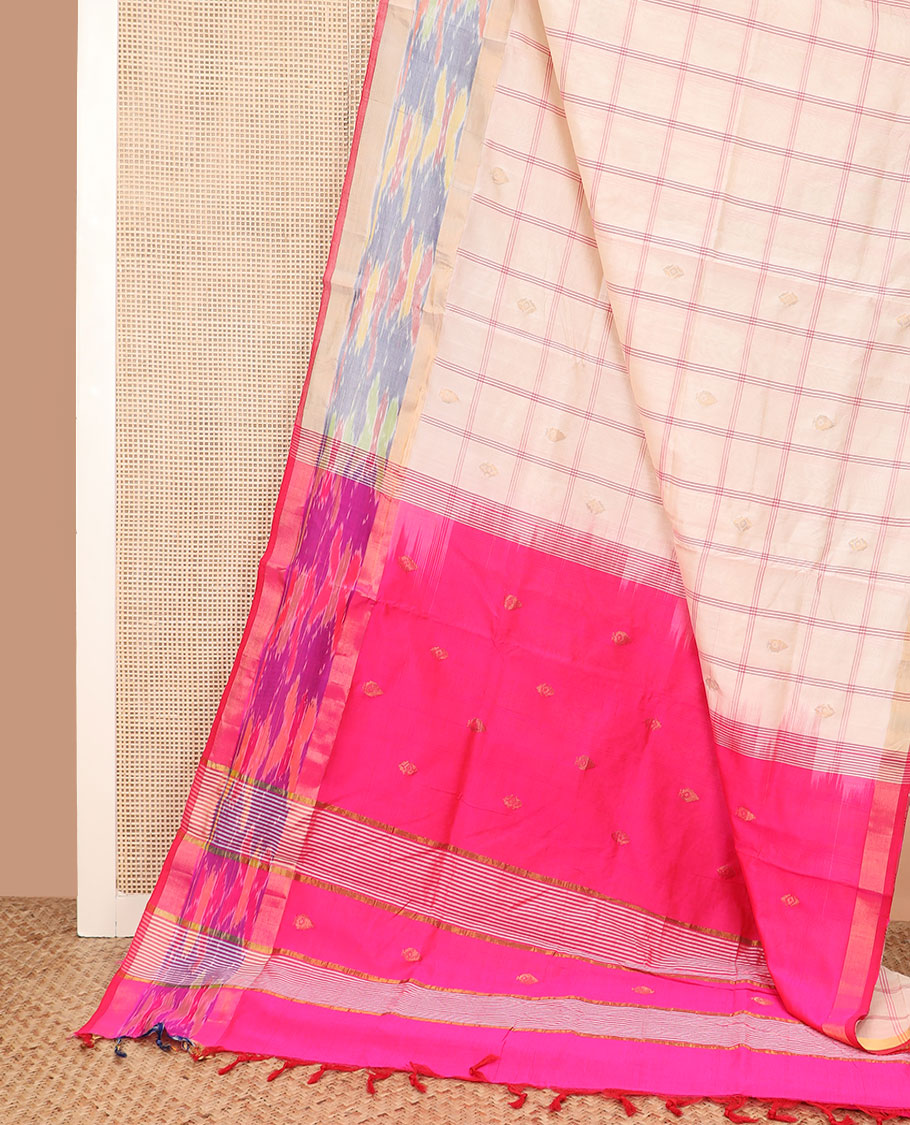 White buttas and checked poly cotton saree, contrast ikkat border, and striped pallu