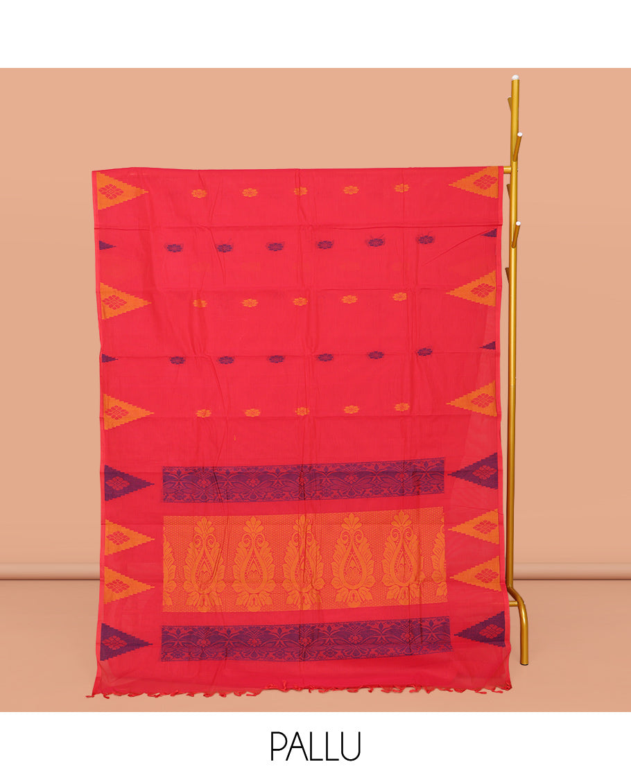 Red Kanchi Cotton Saree, Adorned with Buttas All Over Its Body, Subtle Thread Temple Border, Intricately Designed Pallu, and Paired with a Matching Blouse