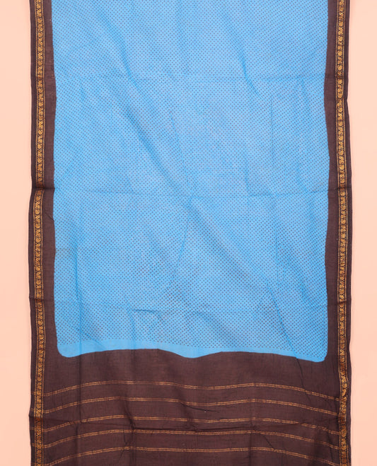 Blue Nine Yard Cotton Saree, Steeped with Polka Dots, Complemented by Contrast Peacock-Paisley Border, Pallu of Stripes, and Comes Without a Blouse