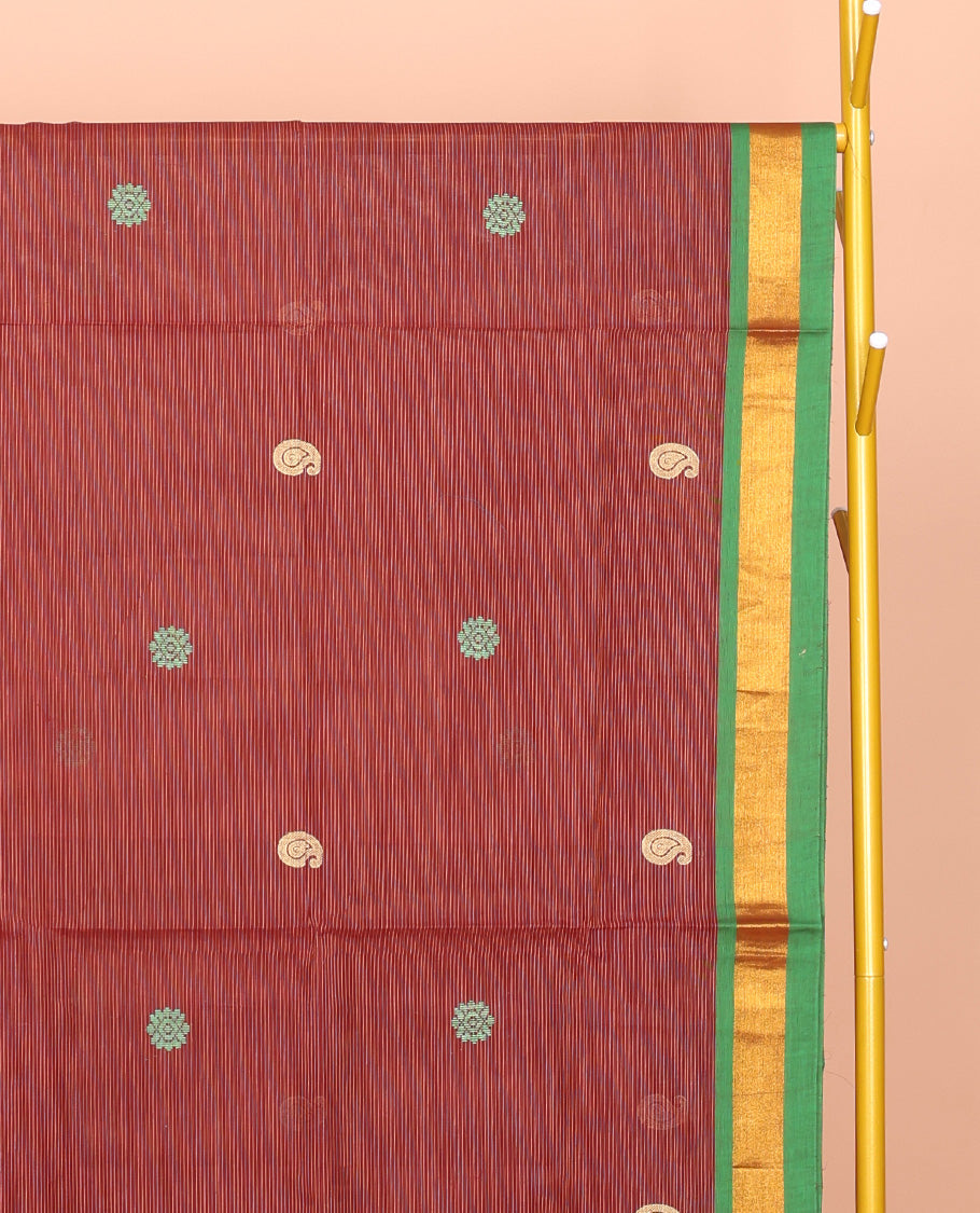 Rust Venkatagiri Cotton Saree, Woven with Buttas and Stripes, a Contrast Traditional Zari Border, Pallu of Buttas and Stripes, and No Blouse