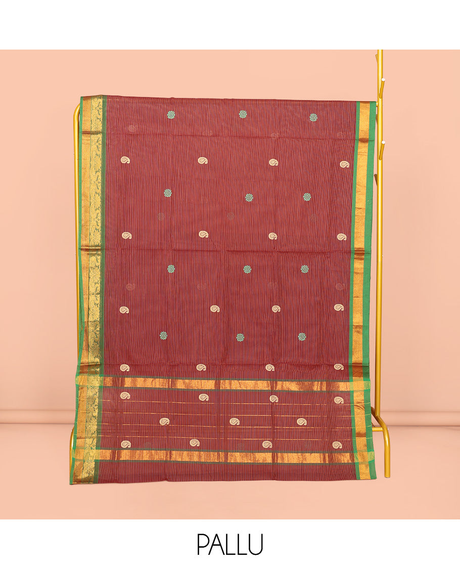 Rust Venkatagiri Cotton Saree, Woven with Buttas and Stripes, a Contrast Traditional Zari Border, Pallu of Buttas and Stripes, and No Blouse