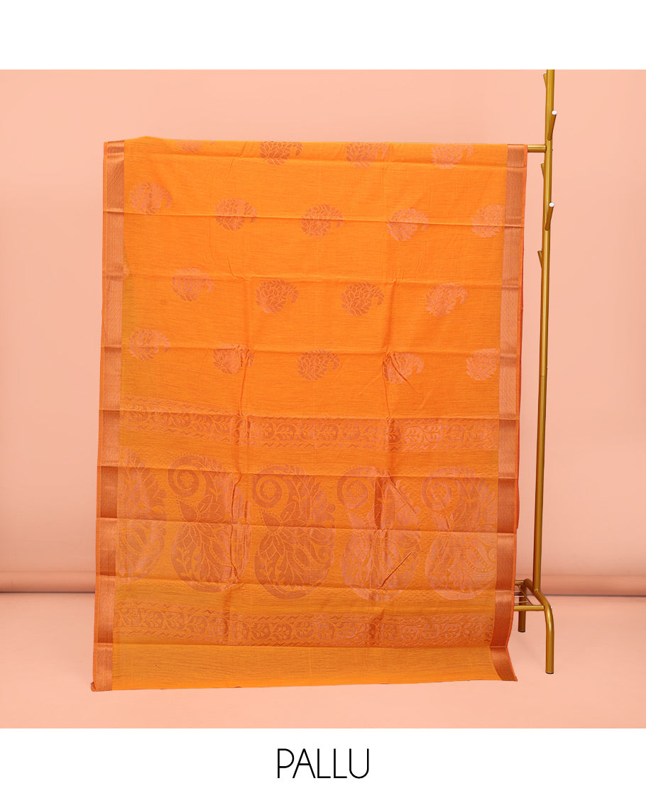 Yellow Semi-Silk Cotton Saree, Sparsely Threaded with Paisley Zari Buttas All Over Its Body, Highlighted by a Zari Border, Pallu of Floral and Paisley Design, and Paired with a Matching Blouse