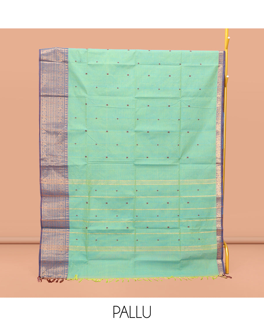 Light Turquoise Chettinad Cotton Saree, Decorated with Thread Buttas All Over Body, Complemented by a Contrast Traditional Zari Design Border, Pallu of Stripes and Buttas, and Paired with a Matching Blouse