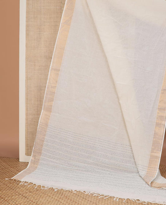 Vanilla white striped jute cotton saree, zari border & striped pallu