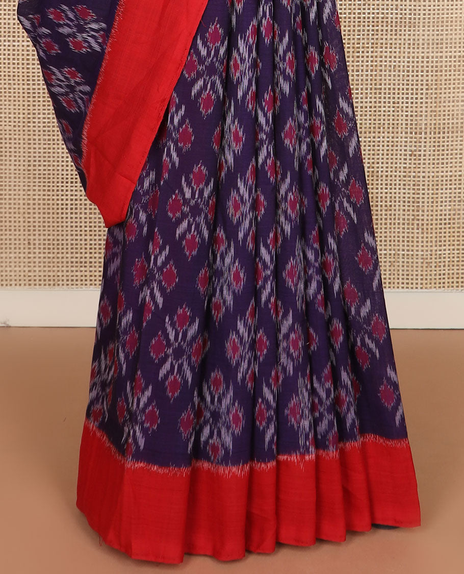 Blue unique motifs pochampally cotton saree, contrast plain border & diamond-patterned pallu