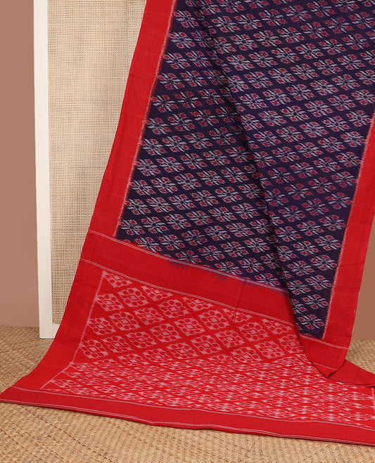 Blue unique motifs pochampally cotton saree, contrast plain border & diamond-patterned pallu