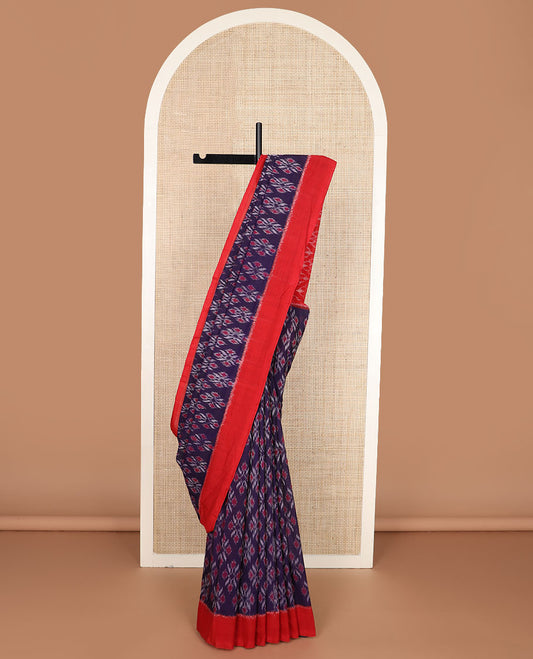 Blue unique motifs pochampally cotton saree, contrast plain border & diamond-patterned pallu