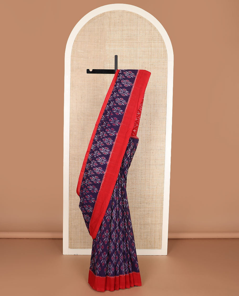 Blue unique motifs pochampally cotton saree, contrast plain border & diamond-patterned pallu