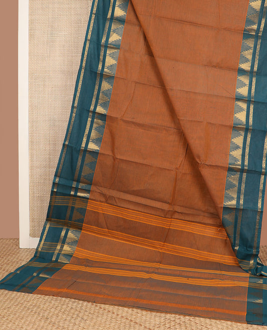 Brown plain Chettinad cotton saree, contrast rettai pettu traditional temple border & striped pallu