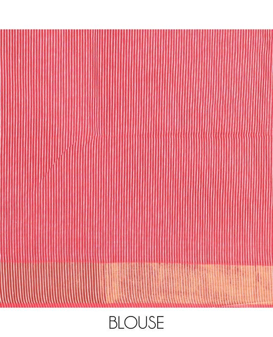 Red plain design jute cotton saree, zari border and zari striped pallu