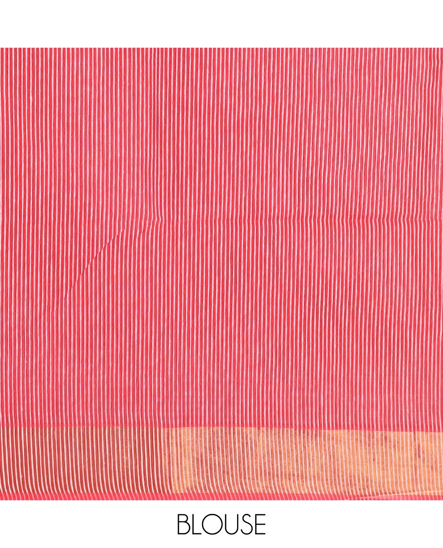 Red plain design jute cotton saree, zari border and zari striped pallu