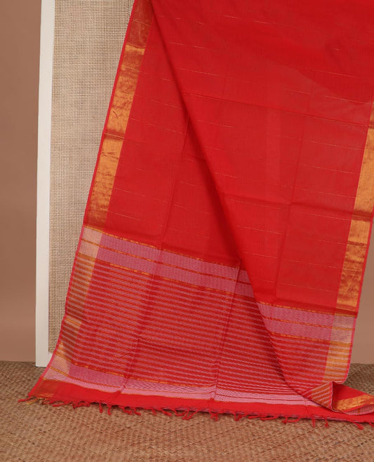 Red plain design jute cotton saree, zari border and zari striped pallu