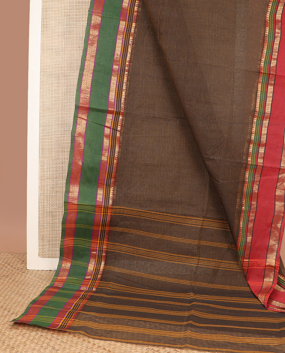 Brown plain Bengal cotton saree, contrast rettai pettu ganga jamuna rettai pettu border, and pallu of stripes