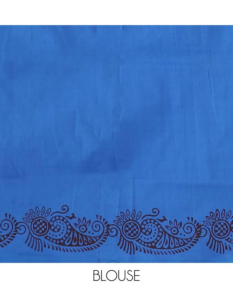 Borderless blue unique buttas block printed poly cotton saree, floral printed pallu