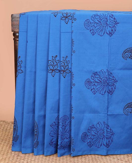 Borderless blue unique buttas block printed poly cotton saree, floral printed pallu