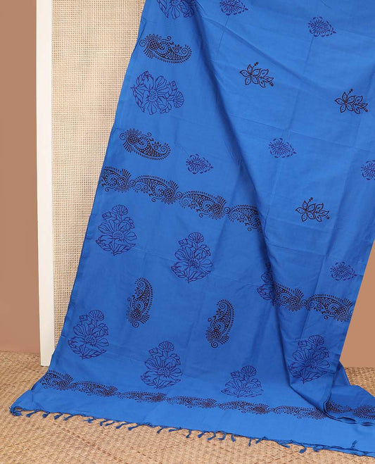 Borderless blue unique buttas block printed poly cotton saree, floral printed pallu