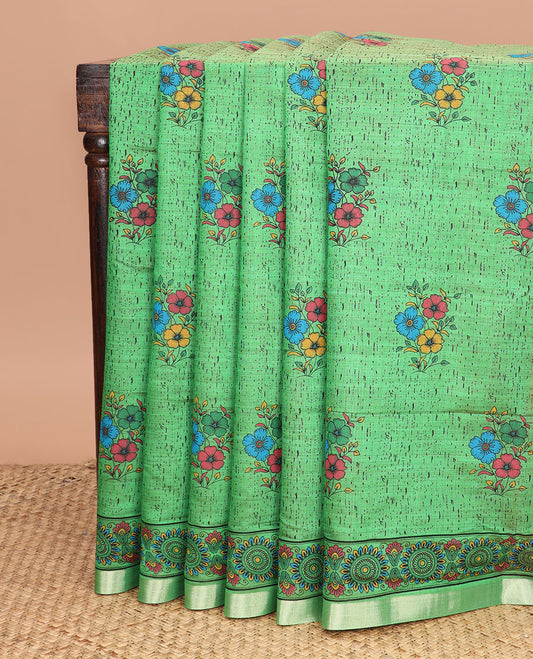 Green abstract floral buttas printed chirala cotton saree, printed border, and contrast floral print pallu