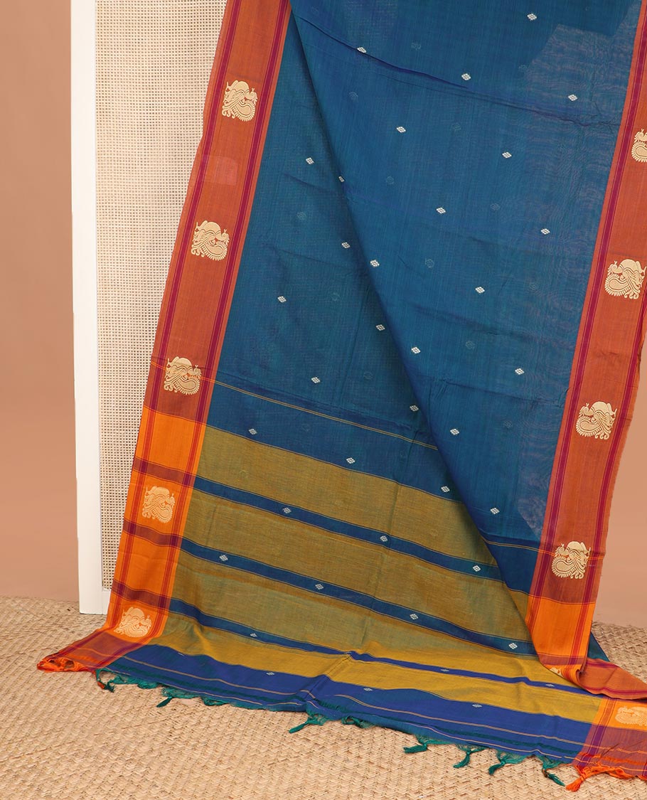 Blue thread buttas Narayanapet cotton saree, contrast peacock motifs border, and pallu of stripes