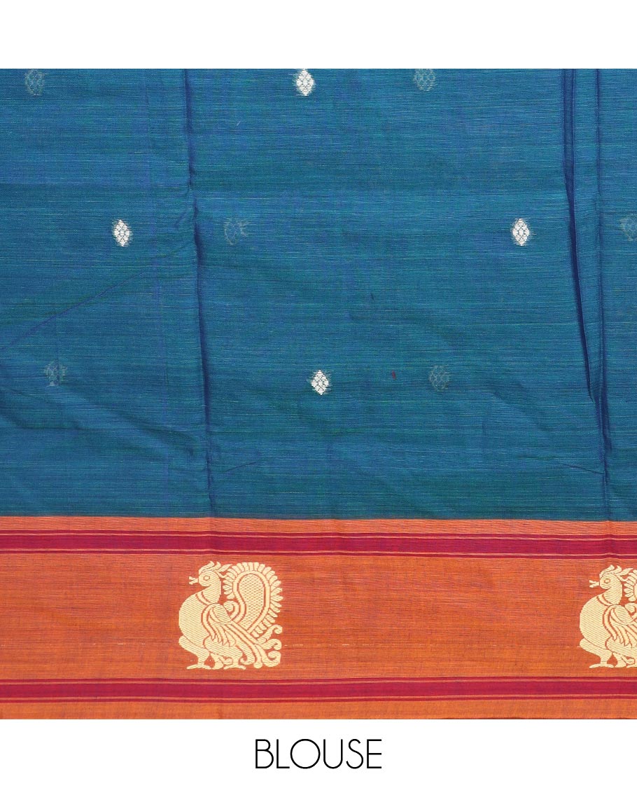 Blue thread buttas Narayanapet cotton saree, contrast peacock motifs border, and pallu of stripes