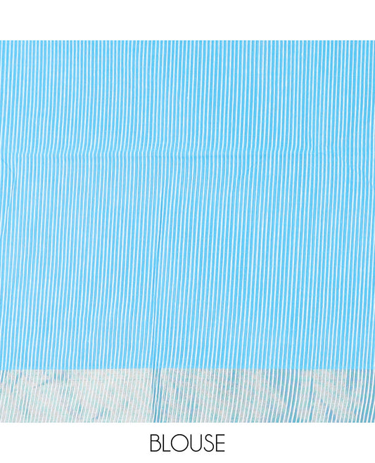 Azure blue striped jute cotton saree, zari border, and striped pallu