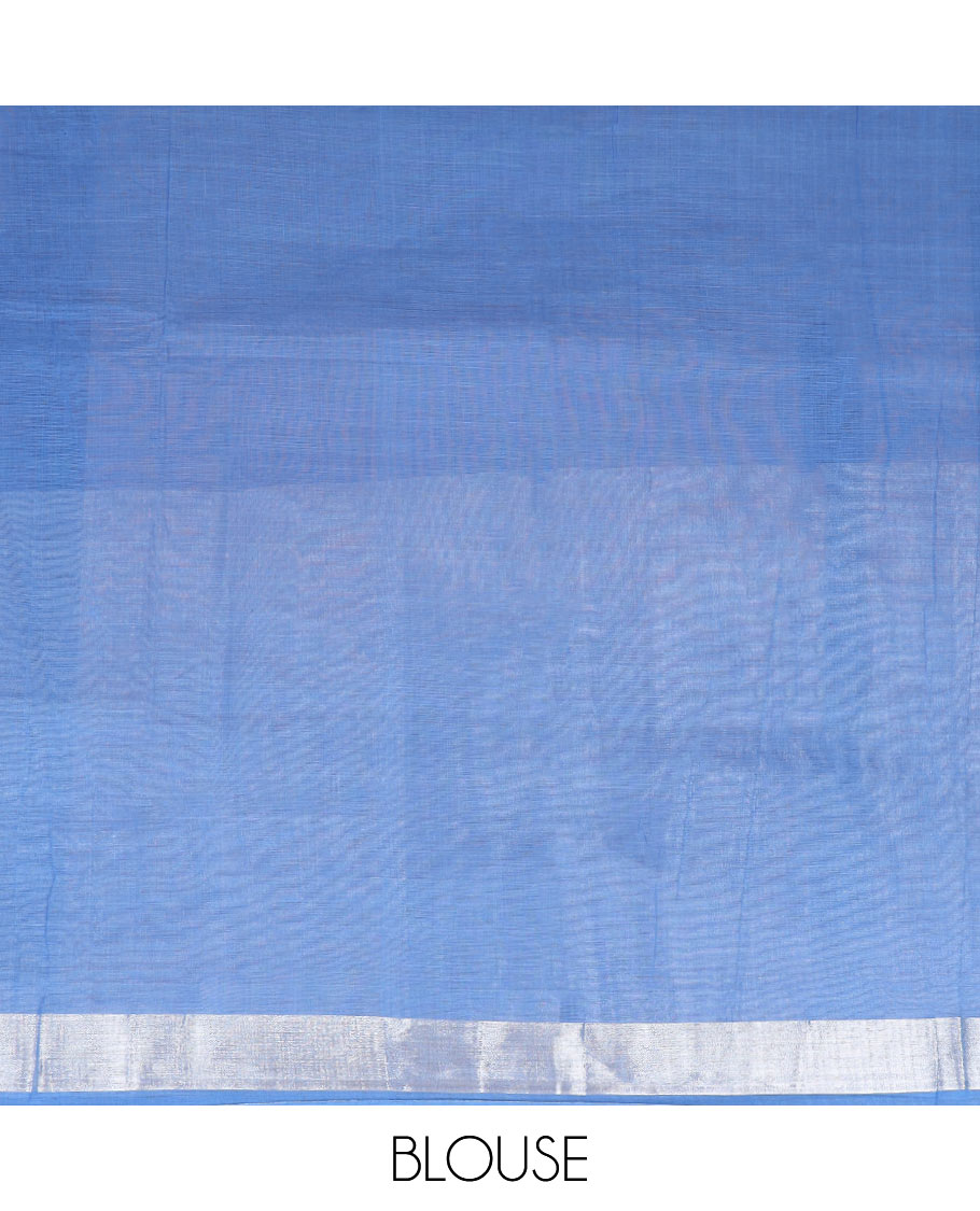 Blue floral motifs printed Andhra cotton saree, ikkat floral design border, and pallu