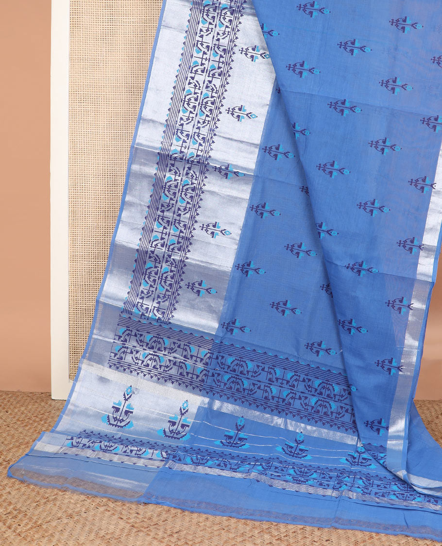 Blue floral motifs printed Andhra cotton saree, ikkat floral design border, and pallu