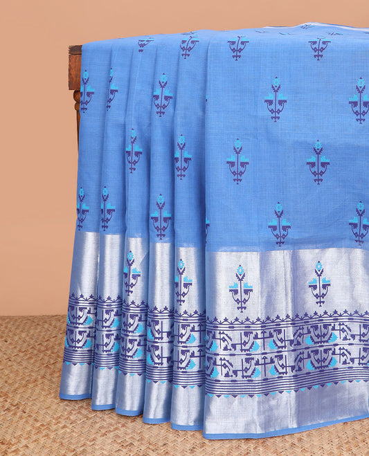 Blue floral motifs printed Andhra cotton saree, ikkat floral design border, and pallu