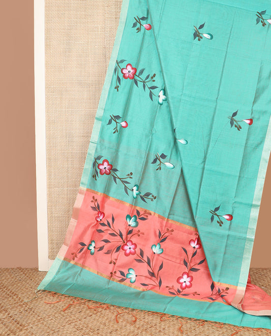 Green hand brush painting style floral printed chirala cotton saree, plain border, and contrast floral printed pallu