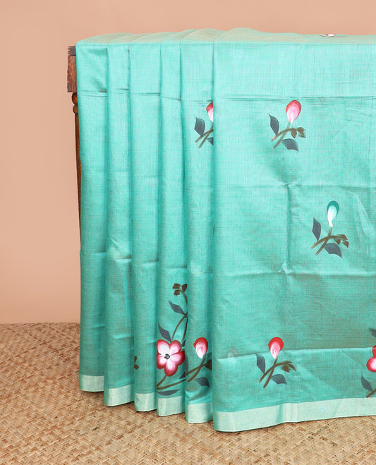 Green hand brush painting style floral printed chirala cotton saree, plain border, and contrast floral printed pallu