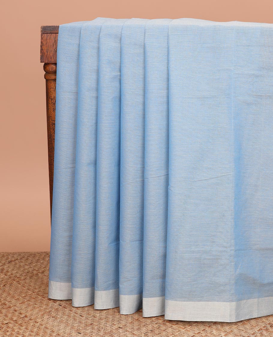 Blue sparesly striped Mangalgiri cotton saree, contrast border, plain pallu, and contrast floral printed blouse