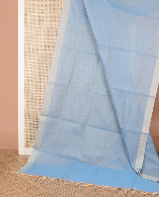 Blue sparesly striped Mangalgiri cotton saree, contrast border, plain pallu, and contrast floral printed blouse