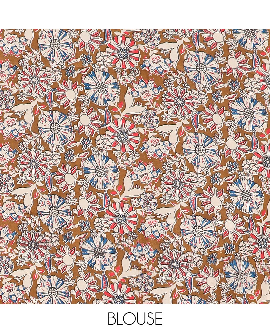 Blue sparesly striped Mangalgiri cotton saree, contrast border, plain pallu, and contrast floral printed blouse