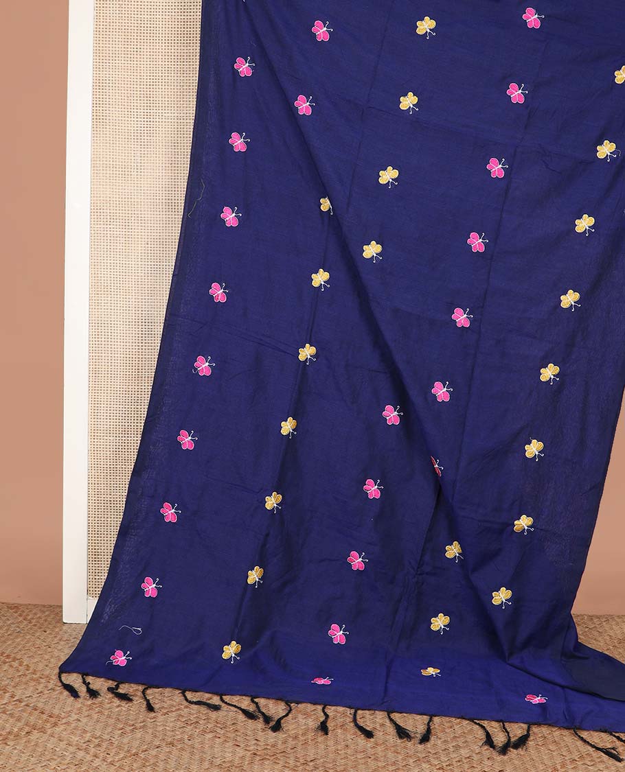 Blue Khadi Cotton Saree Creatively Embroidered with Colorful Butterfly Motifs, Pallu Beautifully Decked Up with Butterfly Embroidery, and Paired with a Matching Blouse