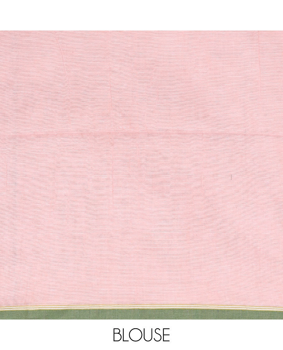 Salmon peach ikkat-style diamond buttas Khadi cotton saree, contrast plain border, and pallu of thread woven jamdani floral designs