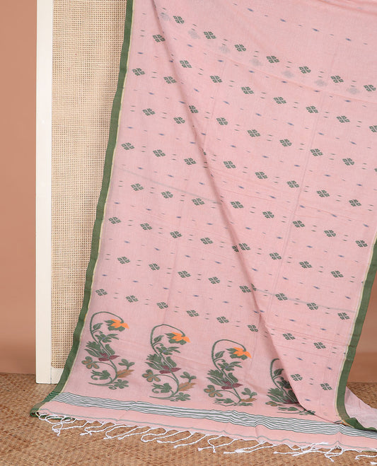 Salmon peach ikkat-style diamond buttas Khadi cotton saree, contrast plain border, and pallu of thread woven jamdani floral designs