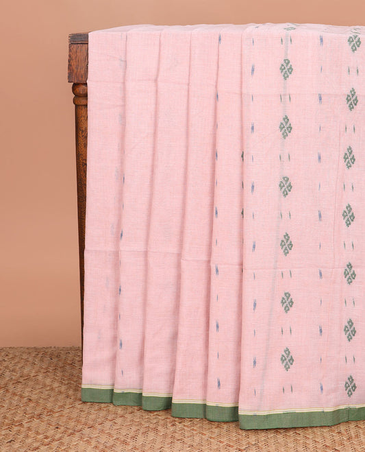 Salmon peach ikkat-style diamond buttas Khadi cotton saree, contrast plain border, and pallu of thread woven jamdani floral designs
