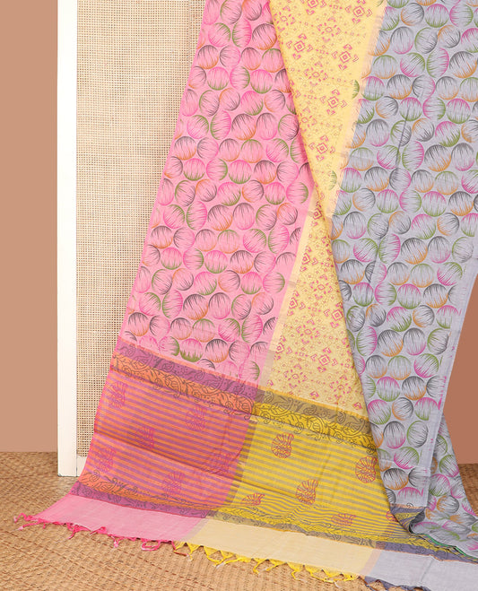 Yellow Chirala Cotton Saree Intricately Printed with Patola-Style Motifs All Over Its Body, Complemented by a Contrast Ganga-Jamuna Printed Border, Pallu of Paisley-Shell Motifs Print, and Paired with a Contrast Blouse