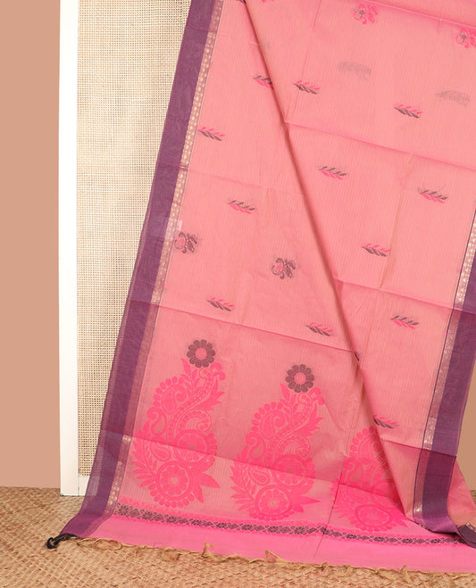 Pink Coimbatore Cotton Saree Sparsely Sparkled with Stripes and Buttas All Over Its Body, Complemented by a Contrast Plain Border, Pallu of Floral-Paisley Designs, and Paired with a Matching Blouse