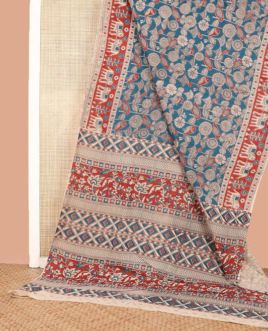 Blue Machine-Printed Kalamkari Cotton Saree, Meticulously Crafted with Floral and Bird Prints on Its Body, Contrast-Elephant Motifs Printed Border, Pallu of Floral-Jaal Print, and Paired with a Printed Blouse