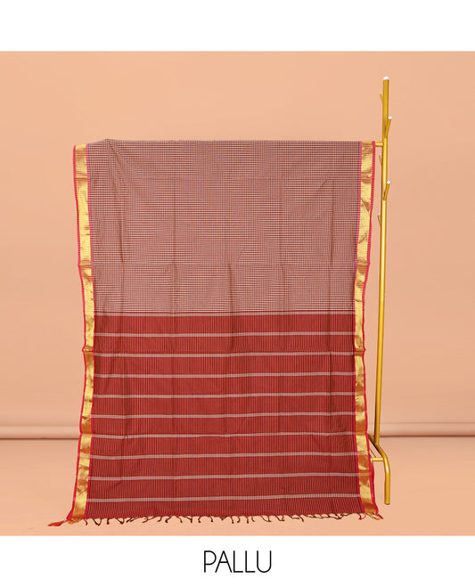 Red Micro-Checked Poly Cotton Saree, Complemented by a Contrast Zari Border, Contrast Striped Pallu, and Paired with a Contrast Blouse