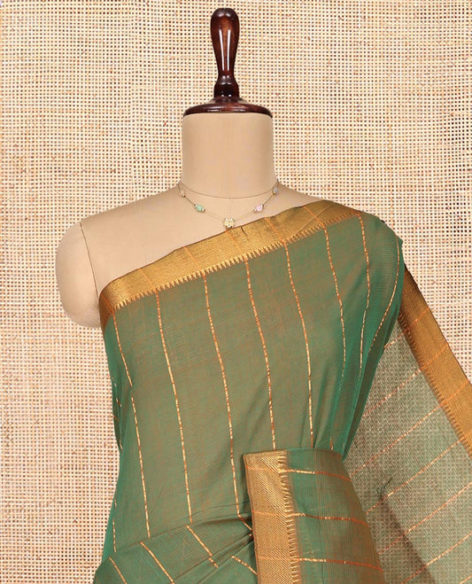 Green Mangalgiri Cotton Saree, Mesmerized with Zari Stripes on Its Body, Complemented by Contrast Temple Border, Zari Striped Pallu, and Paired with Contrast Blouse