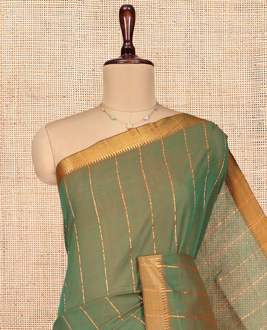 Green Mangalgiri Cotton Saree, Mesmerized with Zari Stripes on Its Body, Complemented by Contrast Temple Border, Zari Striped Pallu, and Paired with Contrast Blouse