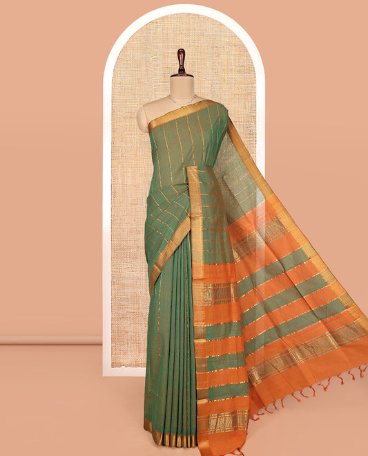 Green Mangalgiri Cotton Saree, Mesmerized with Zari Stripes on Its Body, Complemented by Contrast Temple Border, Zari Striped Pallu, and Paired with Contrast Blouse