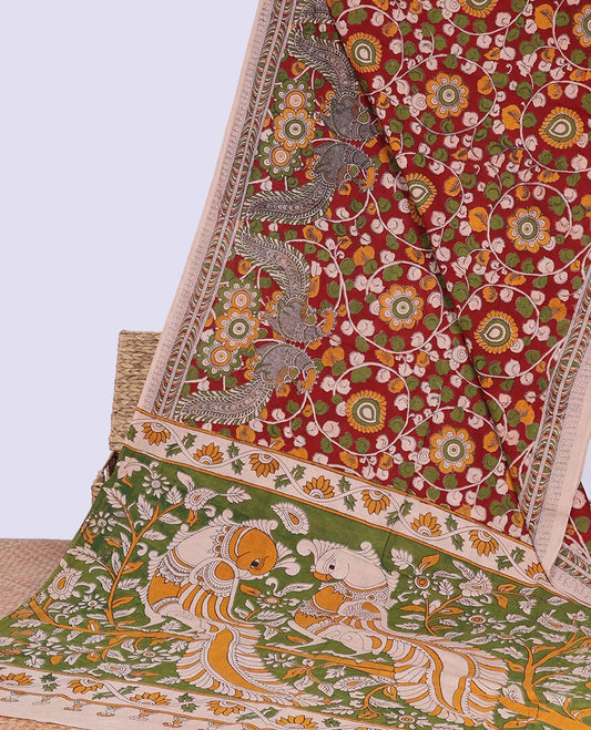 Red floral vine design machine-printed kalamkari cotton saree with contrast floral design border & peacock , floral design pallu
