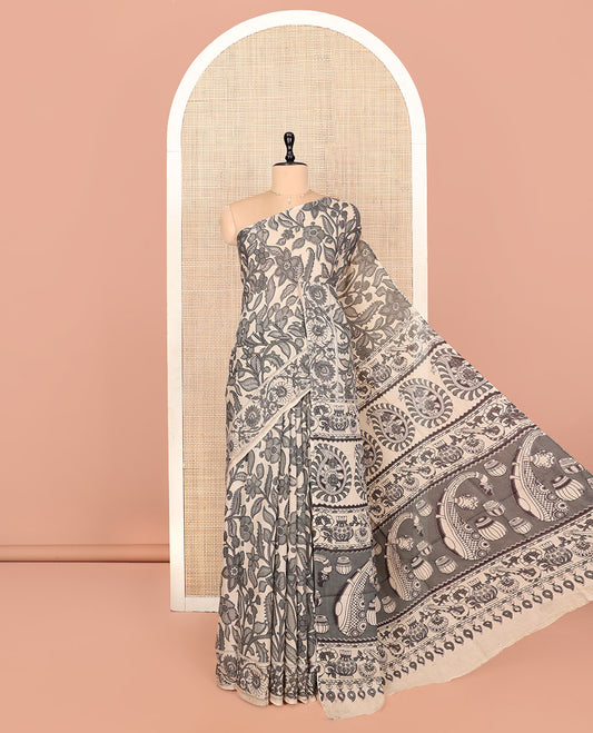 Grey Kalamkari Cotton Saree, Beautified with Floral Vine Print, Self-Border of Floral Print, Pallu of Musical Instruments, and a Matching Blouse